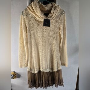 Ryu Cream Lace Cowl Neck Sweater with Brown Lace Trim NWT